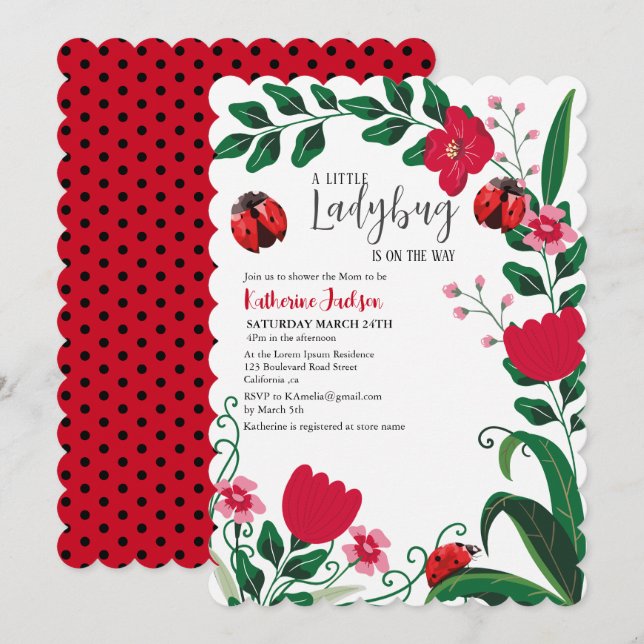 Invitation Une petite fille coccinelle baby shower rouge (Devant / Derrière)