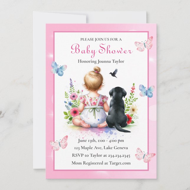 Invitation Une petite fille et son Baby shower chiot Invitati (Devant)