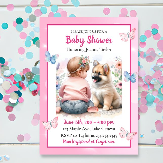 Invitation Une petite fille et son Baby shower rose chiot (Créateur téléchargé)