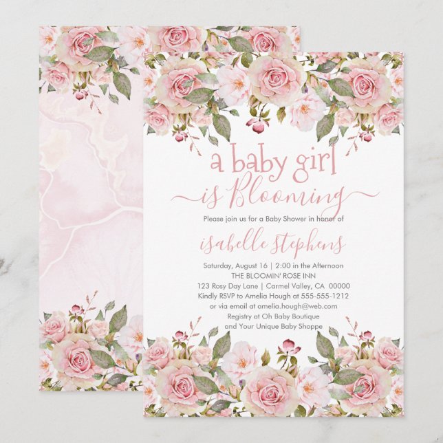 Invitation Une Petite Fille Fleurit Un Baby shower Floral Ros (Devant / Derrière)
