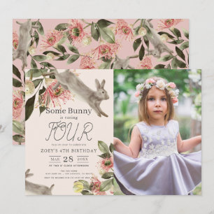 Invitation Une Petite Fille Florale Rose Bunny Photo Annivers