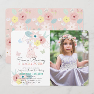 Invitation Une Petite Fille Florale Rose Bunny Photo Annivers
