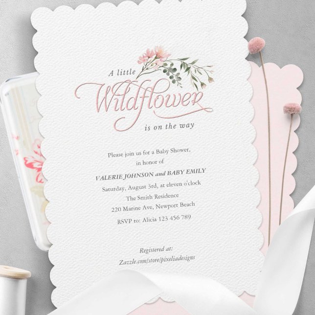 Invitation Une petite Fleur sauvage simple et élégante douche (Simple elegant, pink wildflower, A little wildflower themed baby girl shower invitation.)