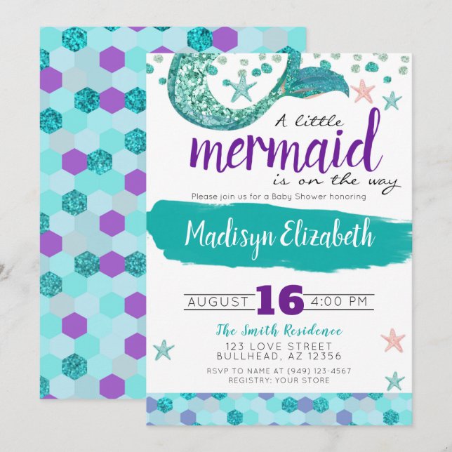 Invitation Une petite sirène est en route pour le Baby shower (Devant / Derrière)