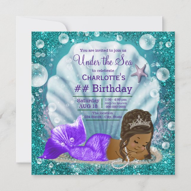 Invitation Une sirène afro-américaine en mer à l'anniversaire (Devant)