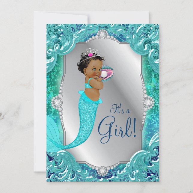 Invitation Une sirène afro-américaine sous Baby shower marin (Devant)