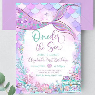 Invitation Une sirène de mer violet Turquoise premier anniver