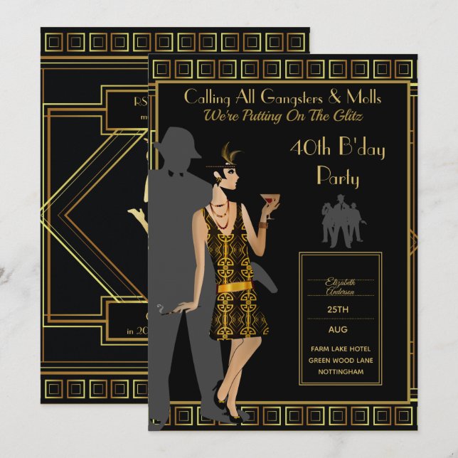 Invitation Une Soirée des Années folles, Gangster Flappo Deco (Devant / Derrière)