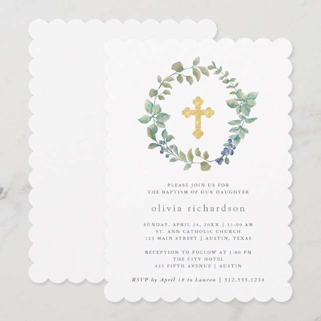 Invitation Une verdure délicieuse| Faux Gold Cross Baptisme (Devant / Derrière)