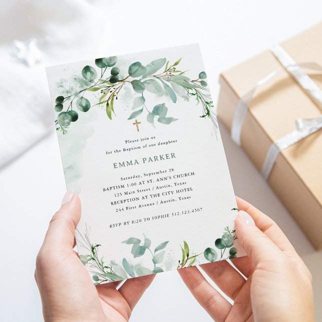Invitation Une verdure élégante | Baptême (An elegant Baptism invitation with pretty watercolor eucalyptus greenery)
