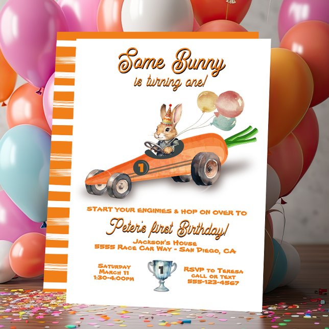 Invitation Une voiture Bunny Race Pâques Printemps Anniversai (Créateur téléchargé)