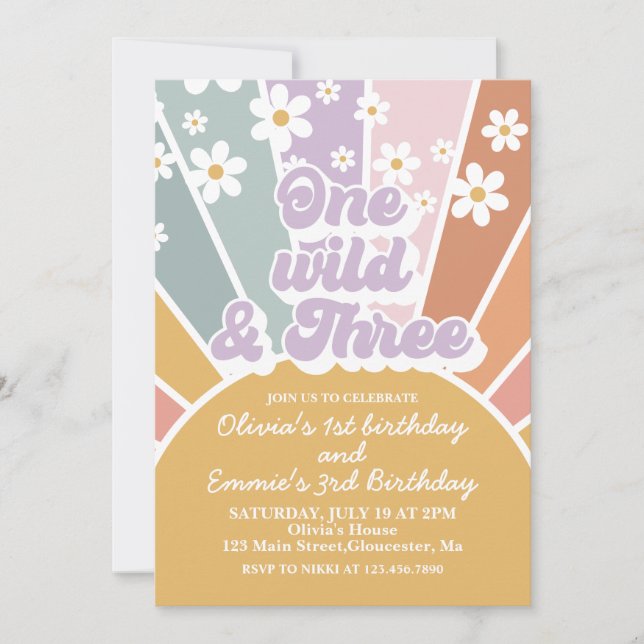 Invitation Une Wild et trois Retro Sunshine Rainbow Daisy (Devant)