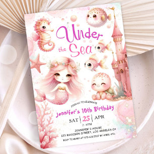Invitation UNEder la mer ! Fille de 10 ans Anniversaire Rose 