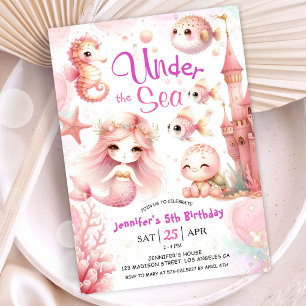 Invitation UNEder la mer ! Fille de 5 ans anniversaire Rose O