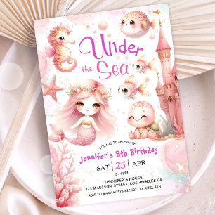 Invitation UNEder la mer ! Fille de 9 ans Anniversaire Rose O