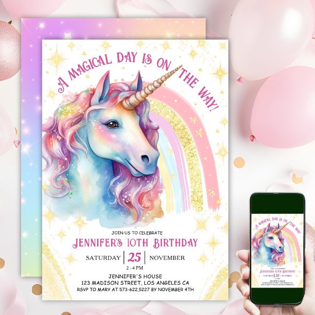 Invitation Unicorn 10e anniversaire Gold Pink Magical Rainbow (#UnicornBirthdayInvitation #UnicornBirthdayInvitationTemplate #UnicornBirthdayInvitationEditable 
)