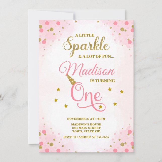Invitation Unicorn 1er anniversaire Invitation, rose et or (Devant)