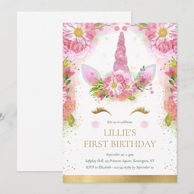 Invitation Unicorn 1er anniversaire Pink Gold Parties scintil (Devant / Derrière)