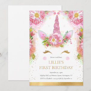 Invitation Unicorn 1er anniversaire Pink Gold Parties scintil