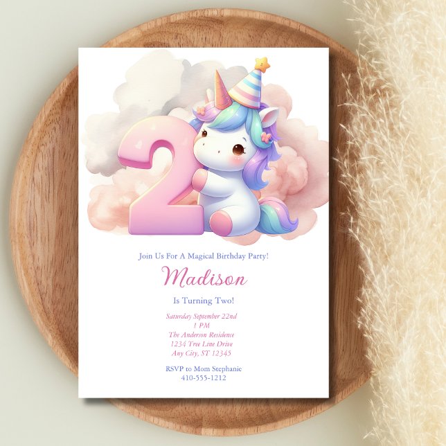 Invitation Unicorn 2ème fille rose bleu pourpre Anniversaire (Unicorn 2nd Second Birthday Invitation for Girl. Pink Blue Purple Watercolor. Printed or Digital)