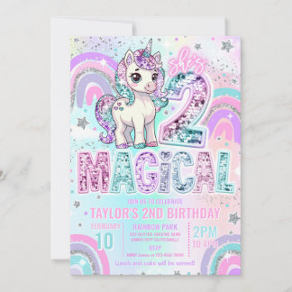 Invitation Unicorn 2nd Birthday Two Magical Rainbow Glitter