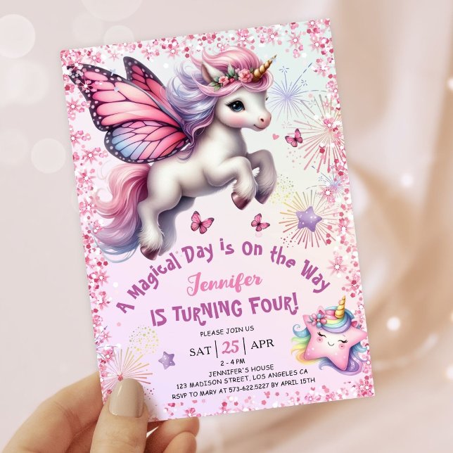 Invitation Unicorn 4e anniversaire fille rose violet Parties  (#UnicornBirthdayInvitation #UnicornBirthdayInvitationTemplate #UnicornBirthdayInvitationEditable )