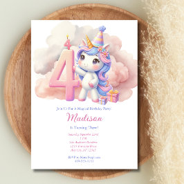 Invitation Unicorn 4ème anniversaire rose bleu pourpre fille