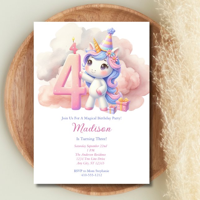 Invitation Unicorn 4ème anniversaire rose bleu pourpre fille (Unicorn 4th Fourth Girls Birthday invitation. Blue Pink Purple Watercolor, Printed or Digital )