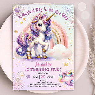 Invitation Unicorn 5e anniversaire fille pourpre arc-en-ciel