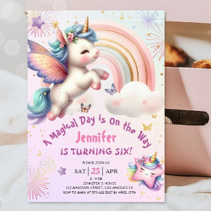 Invitation Unicorn 6e anniversaire fille pourpre rose arc-en-