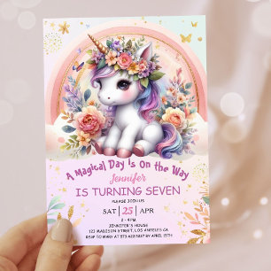 Invitation Unicorn 7e anniversaire fille rose floral arc-en-c