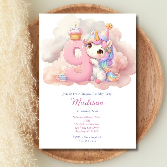 Invitation Unicorn 9e Neuvième Anniversaire Rose Bleu Purple  (Unicorn Girls 9th Birthday party invitation. Printed or Instant digital download,)