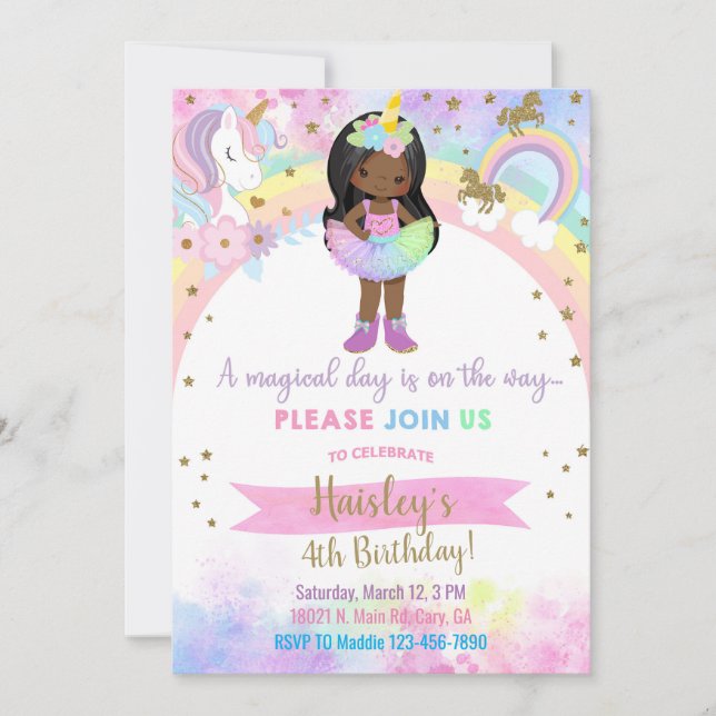 Invitation Unicorn african american girl magical birthday. (Devant)