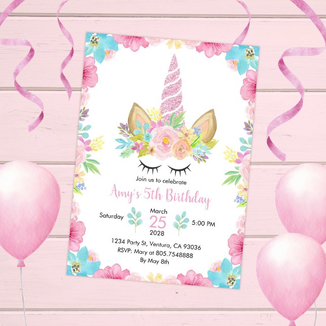 Invitation Unicorn Anniversaire fête aquarelle Floral Magie (Créateur téléchargé)