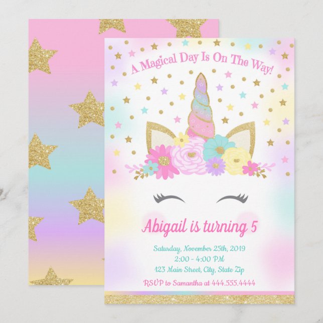 Invitation Unicorn Anniversaire fête Magique Arc en ciel Unic (Devant / Derrière)