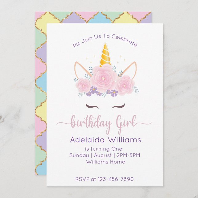 Invitation Unicorn Anniversaire fille (Devant / Derrière)