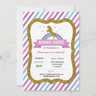 Invitation Unicorn Anniversaire Parties scintillant d'or Rain