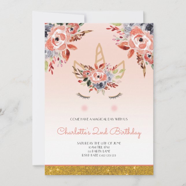 Invitation Unicorn Aquarelle Florales Fille Pêche Parties sci (Devant)