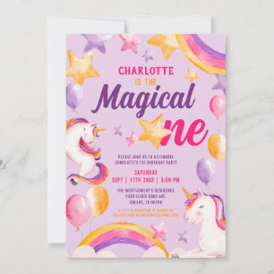 Invitation Unicorn arc-en-ciel violet magique 1er anniversair