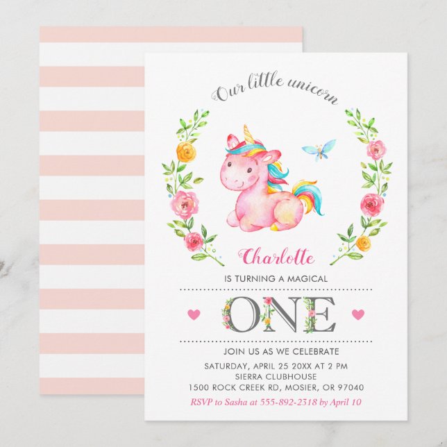 Invitation Unicorn Baby Girl Floral 1er fête d'anniversaire (Devant / Derrière)