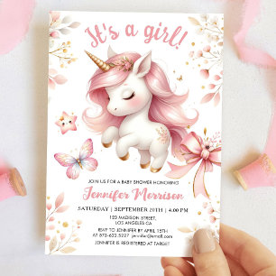 Invitation Unicorn Baby shower fille Floral Blush rose Unicor