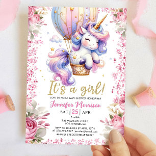 Invitation Unicorn Baby shower Girl rose floral ballon