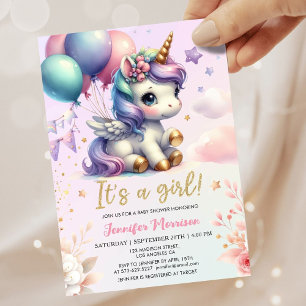 Invitation Unicorn Baby shower Girl rose violet ballons