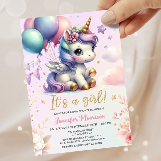 Invitation Unicorn Baby shower Girl rose violet ballons (Créateur téléchargé)