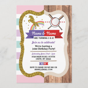 Invitation Unicorn & Baseball Joint Boy Girl Anniversaire Spo