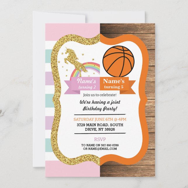 Invitation Unicorn & Basketball Joint Boy Girl Anniversaire (Devant)