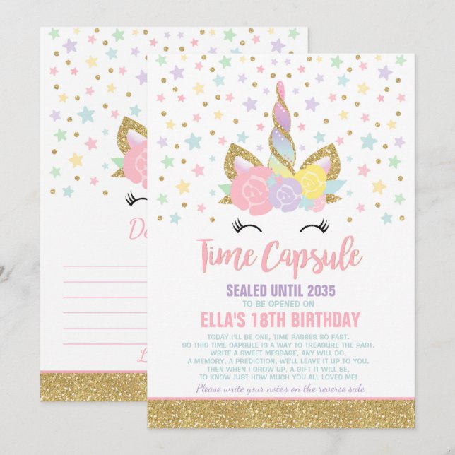 Invitation Unicorn Birthday Guestbook Time Capsule Avec Notes (Devant / Derrière)