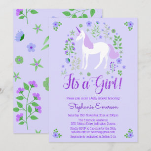 Invitation Unicorn C'Est Une Fille Violet Baby shower Invitat