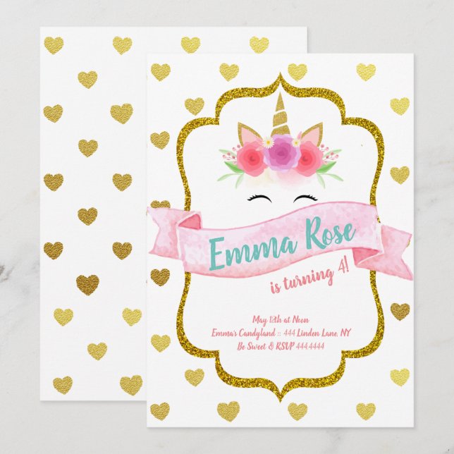 Invitation Unicorn Coeur fête d'anniversaire (Devant / Derrière)