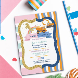 Invitation Unicorn & Construction Joint Boy Girl Anniversaire
